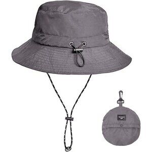 Unisex Dark Grey Nylon Mesh Wide Brim Boonie With Chin Strap Packable Bucket Hat